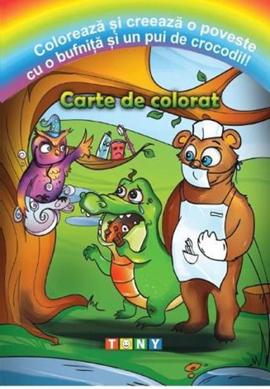 Coloreaza si creeaza o poveste cu o bufnita si un pui de crocodil! Carte de colorat