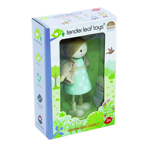 Figurina Doamna Goodwood cu bebelus in marsupiu, din lemn premium - cu membre ajustabile - Tender Leaf Toys