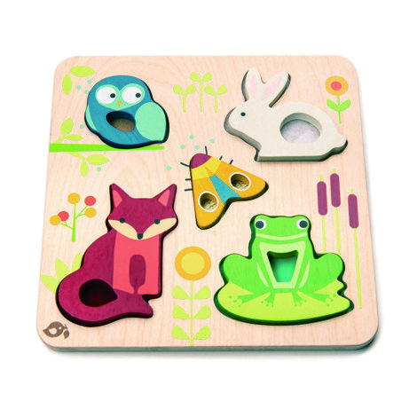 Puzzle educativ senzorial tactil Animalute din padure, din lemn premium - Touchy Feely Animals - Tender Leaf Toys
