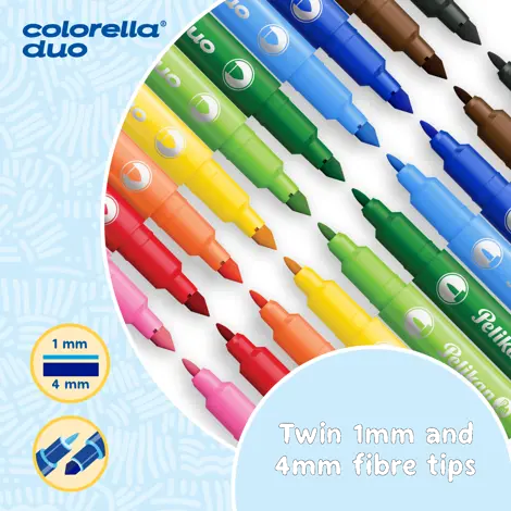 Carioca Colorella Duo C407, varf dublu (1 mm + 2 mm), lavabile, set 10 culori, cutie blister