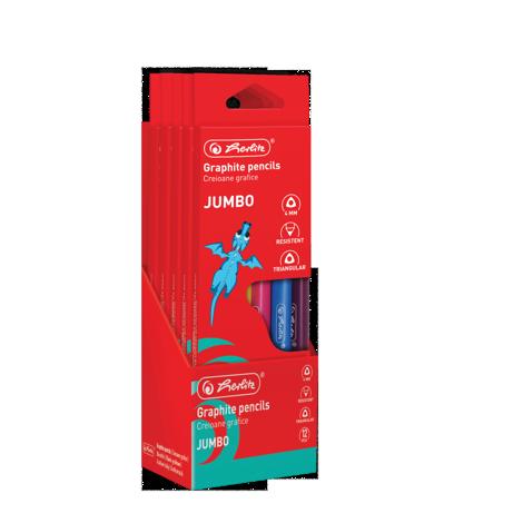 CREIOANE HERLITZ 2B JUMBO CU RADIERA 12 BUC, SECTIUNE TRIUNGHIULARA, MINA 4MM