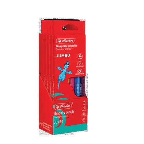 CREIOANE HERLITZ 2B JUMBO CU RADIERA 12 BUC, SECTIUNE TRIUNGHIULARA, MINA 4MM