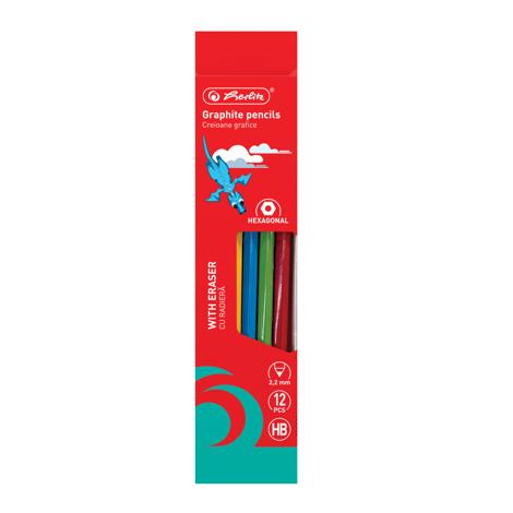 CREIOANE HB GRAFIT HERLITZ CU RADIERA 12 BUC, SECTIUNE HEXAGONALA, MINA 2.2MM
