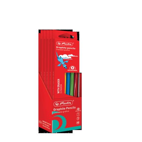CREIOANE HB GRAFIT HERLITZ CU RADIERA 12 BUC, SECTIUNE HEXAGONALA, MINA 2.2MM