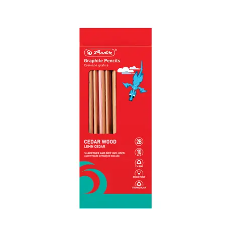 CREIOANE 2B HERLITZ 10 BUC, ASCUTITOARE SI MANSON ADERENT INCLUSE, LEMN CEDRU, SECTIUNE TRIUNGHIULARA MINA REZISTENTA ANTI-RUPERE 2.4MM
