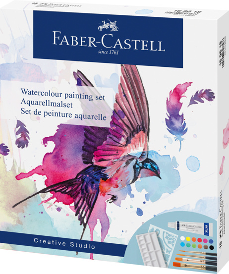 SET CREATIV TEMPERA 18 PIESE (TEMPERA ACUARELE 12 CUL.*5ML + 4 PENSULE+ SABLON PLASTIC) FABER-CASTELL