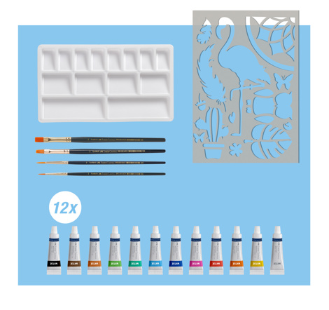 SET CREATIV TEMPERA 18 PIESE (TEMPERA ACUARELE 12 CUL.*5ML + 4 PENSULE+ SABLON PLASTIC) FABER-CASTELL