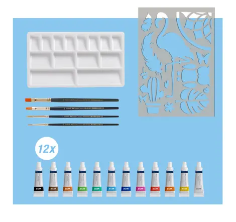 SET CREATIV TEMPERA 18 PIESE (TEMPERA ACUARELE 12 CUL.*5ML + 4 PENSULE+ SABLON PLASTIC) FABER-CASTELL