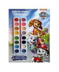 Patrula Catelusilor. Culorile echipei salvatoare. Carte de colorat cu pensula si acuarele