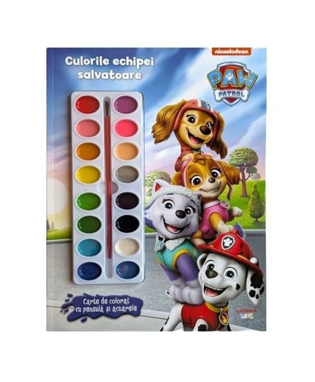 Patrula Catelusilor. Culorile echipei salvatoare. Carte de colorat cu pensula si acuarele
