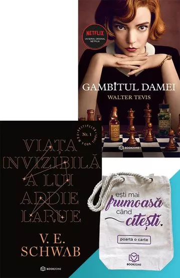 Pachet Gambitul Damei + Viata invizibila a lui Addie LaRue + Sacosa de umar Bookzone