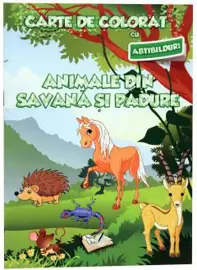 Carte de colorat cu abțibilduri - Animale din savană și din pădure